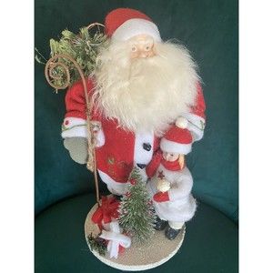 Vintage 14” Stuffed Felt Santa & Girl 8” snow stand bottle brush tree snowshoes